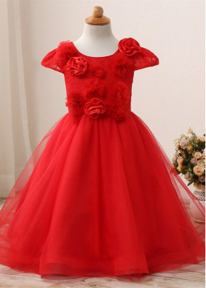Cap Sleeves Red Lace Tulle 3D Flowers Flower Girl Dress